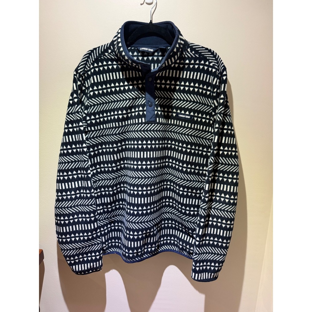 Lands End Mens Fleece Pullover Navy Geometric Aztec Snap Mock Neck L 42-44